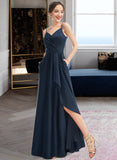 Valerie A-Line V-neck Floor-Length Bridesmaid Dress With Split Front Pockets STIP0013142