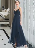 Savanna A-Line V-neck Asymmetrical Bridesmaid Dress With Lace Bow(s) STIP0013143