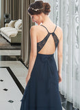 Savanna A-Line V-neck Asymmetrical Bridesmaid Dress With Lace Bow(s) STIP0013143