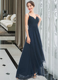 Savanna A-Line V-neck Asymmetrical Bridesmaid Dress With Lace Bow(s) STIP0013143