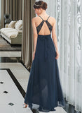 Savanna A-Line V-neck Asymmetrical Bridesmaid Dress With Lace Bow(s) STIP0013143