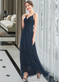 Savanna A-Line V-neck Asymmetrical Bridesmaid Dress With Lace Bow(s) STIP0013143