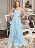 April A-Line V-neck Asymmetrical Chiffon Bridesmaid Dress With Cascading Ruffles STIP0013145