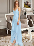 April A-Line V-neck Asymmetrical Chiffon Bridesmaid Dress With Cascading Ruffles STIP0013145