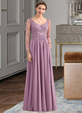 Alena A-Line V-neck Floor-Length Chiffon Lace Bridesmaid Dress With Beading Pockets STIP0013147