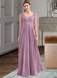 Alena A-Line V-neck Floor-Length Chiffon Lace Bridesmaid Dress With Beading Pockets STIP0013147