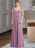 Alena A-Line V-neck Floor-Length Chiffon Lace Bridesmaid Dress With Beading Pockets STIP0013147