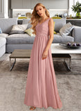 Florence A-Line V-neck Floor-Length Bridesmaid Dress With Ruffle Bow(s) STIP0013148