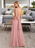 Florence A-Line V-neck Floor-Length Bridesmaid Dress With Ruffle Bow(s) STIP0013148