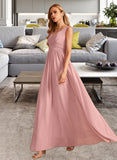 Florence A-Line V-neck Floor-Length Bridesmaid Dress With Ruffle Bow(s) STIP0013148