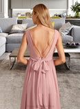 Florence A-Line V-neck Floor-Length Bridesmaid Dress With Ruffle Bow(s) STIP0013148