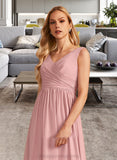 Florence A-Line V-neck Floor-Length Bridesmaid Dress With Ruffle Bow(s) STIP0013148