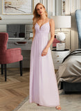 Jayleen A-Line V-neck Floor-Length Bridesmaid Dress With Ruffle STIP0013154