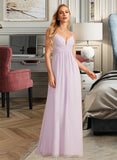 Jayleen A-Line V-neck Floor-Length Bridesmaid Dress With Ruffle STIP0013154