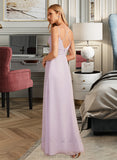 Jayleen A-Line V-neck Floor-Length Bridesmaid Dress With Ruffle STIP0013154