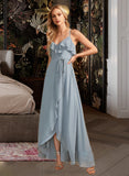 Marcia A-Line V-neck Asymmetrical Bridesmaid Dress With Ruffle STIP0013155