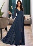 Zoe A-Line V-neck Floor-Length Bridesmaid Dress With Split Front STIP0013158