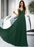 Emelia A-Line V-neck Floor-Length Bridesmaid Dress With Pleated STIP0013159