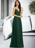 Emelia A-Line V-neck Floor-Length Bridesmaid Dress With Pleated STIP0013159