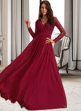 Elianna A-Line V-neck Floor-Length Chiffon Bridesmaid Dress With Lace STIP0013160