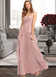 Danna A-Line V-neck Floor-Length Chiffon Bridesmaid Dress With Ruffle Cascading Ruffles STIP0013161