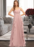 Danna A-Line V-neck Floor-Length Chiffon Bridesmaid Dress With Ruffle Cascading Ruffles STIP0013161