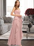 Danna A-Line V-neck Floor-Length Chiffon Bridesmaid Dress With Ruffle Cascading Ruffles STIP0013161