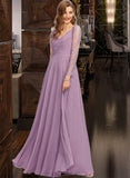 Val A-Line V-neck Floor-Length Chiffon Bridesmaid Dress STIP0013162