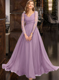 Val A-Line V-neck Floor-Length Chiffon Bridesmaid Dress STIP0013162