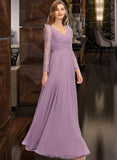 Val A-Line V-neck Floor-Length Chiffon Bridesmaid Dress STIP0013162