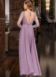 Val A-Line V-neck Floor-Length Chiffon Bridesmaid Dress STIP0013162