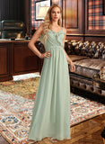 Madyson A-Line V-neck Floor-Length Bridesmaid Dress With Ruffle STIP0013164