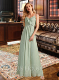 Madyson A-Line V-neck Floor-Length Bridesmaid Dress With Ruffle STIP0013164