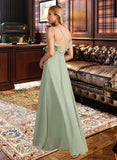 Madyson A-Line V-neck Floor-Length Bridesmaid Dress With Ruffle STIP0013164