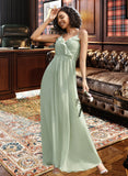 Madyson A-Line V-neck Floor-Length Bridesmaid Dress With Ruffle STIP0013164