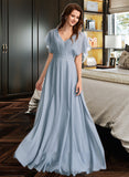 Iris A-Line V-neck Floor-Length Bridesmaid Dress With Ruffle STIP0013165