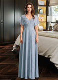 Iris A-Line V-neck Floor-Length Bridesmaid Dress With Ruffle STIP0013165