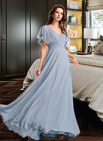 Iris A-Line V-neck Floor-Length Bridesmaid Dress With Ruffle STIP0013165