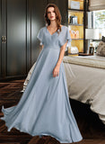 Iris A-Line V-neck Floor-Length Bridesmaid Dress With Ruffle STIP0013165