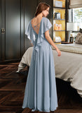 Iris A-Line V-neck Floor-Length Bridesmaid Dress With Ruffle STIP0013165