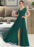 Zoie A-Line V-neck Floor-Length Bridesmaid Dress With Lace Split Front STIP0013166