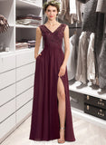 Mareli A-Line V-neck Floor-Length Chiffon Lace Bridesmaid Dress With Beading Sequins Split Front Pockets STIP0013168