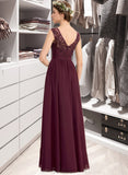 Mareli A-Line V-neck Floor-Length Chiffon Lace Bridesmaid Dress With Beading Sequins Split Front Pockets STIP0013168