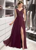 Mareli A-Line V-neck Floor-Length Chiffon Lace Bridesmaid Dress With Beading Sequins Split Front Pockets STIP0013168