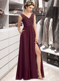 Mareli A-Line V-neck Floor-Length Chiffon Lace Bridesmaid Dress With Beading Sequins Split Front Pockets STIP0013168