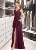 Mareli A-Line V-neck Floor-Length Chiffon Lace Bridesmaid Dress With Beading Sequins Split Front Pockets STIP0013168