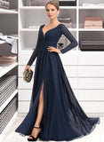 Elise A-Line V-neck Floor-Length Chiffon Bridesmaid Dress With Split Front STIP0013169