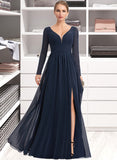 Elise A-Line V-neck Floor-Length Chiffon Bridesmaid Dress With Split Front STIP0013169