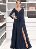 Elise A-Line V-neck Floor-Length Chiffon Bridesmaid Dress With Split Front STIP0013169