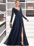 Elise A-Line V-neck Floor-Length Chiffon Bridesmaid Dress With Split Front STIP0013169